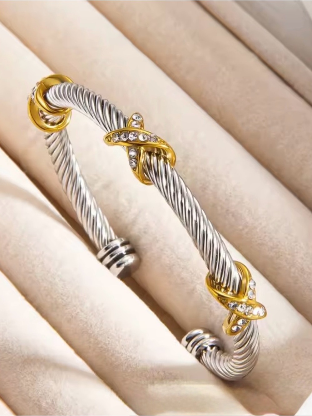 Two-Tone Twisted Cable Cuff Bracelet - Silver & Gold
